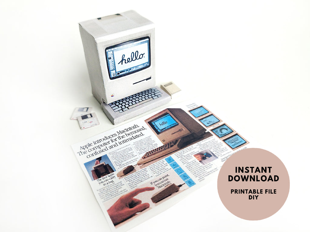 Printable DIY Macintosh computer 128K Christmas gift dolls office tool desk top for dollhouse ,5 items, 1:6 vintage miniatures