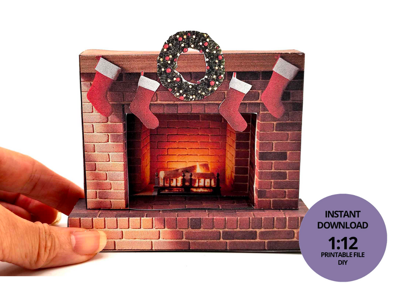 Christmas Fireplace Miniature Kit – 1:12 Scale Dollhouse Living Room Diorama (Digital Download)