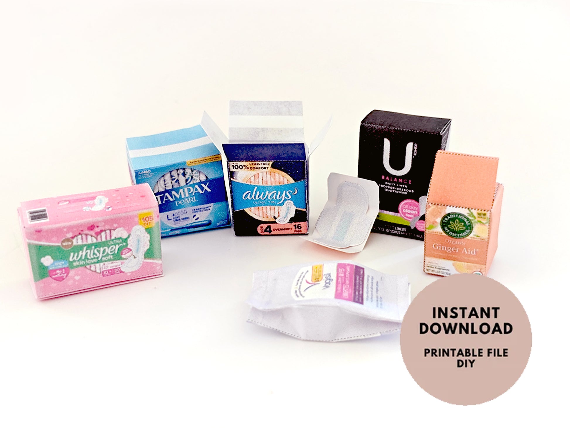 BMM 1：6 women menstruation Items,  7 styles in a file, Maxi Pads, wipers, Tampon for dollhouse, template, download