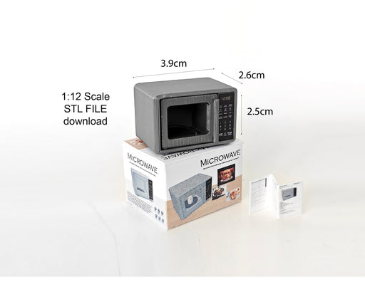 A 1:12 scale 3D-printed dollhouse kitchen setup featuring an openable microwave, mini cookware, and a pot, accompanied by a printable box and manual, arranged to create a detailed miniature cooking scene for diorama or dollhouse enthusiasts.