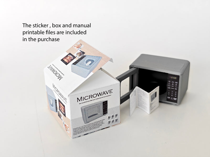 A 1:12 scale 3D-printed dollhouse kitchen setup featuring an openable microwave, mini cookware, and a pot, accompanied by a printable box and manual, arranged to create a detailed miniature cooking scene for diorama or dollhouse enthusiasts.