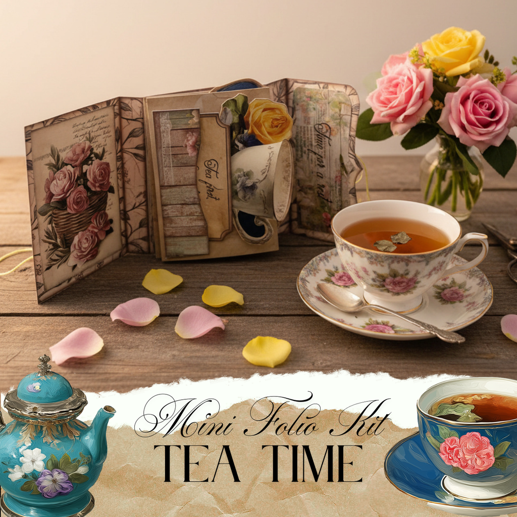 Mini Junk folio booklet - florist Tea time, one palm size folio kit, Ephemeras, paper crafting, junk journal, scrapbook , 7 pages 1 style