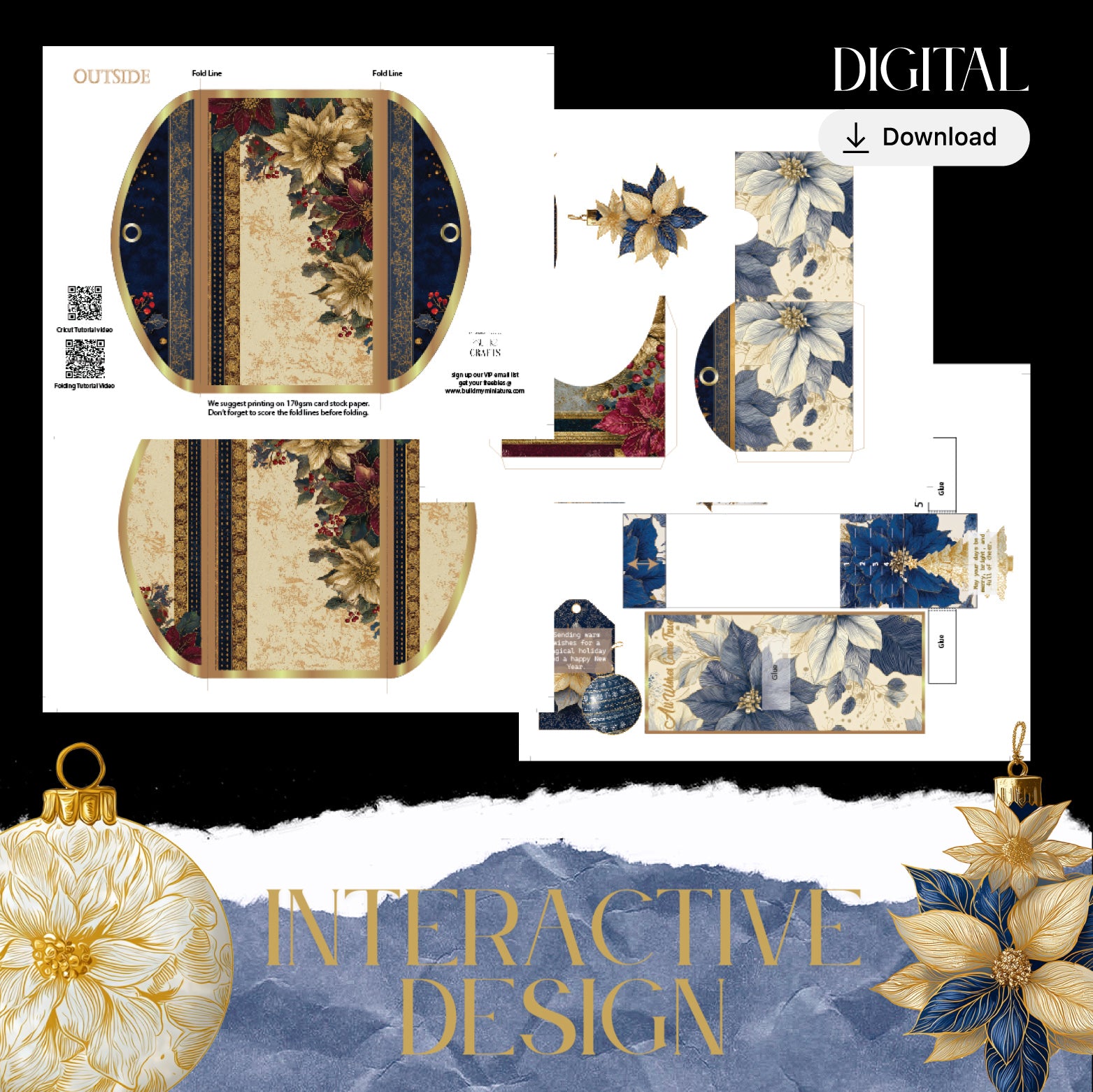 Navy Blue and Gold Christmas envelope and wishes card with Ephemera (Cricut-Friendly, 4 Pages)