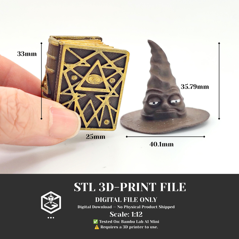 1:12 Wizard Book Cover and Magic Hat (PDF+STL) — Magical Spell Book Cover for Dollhouse Wizard Scenes, spell rooms (PDF+STL)