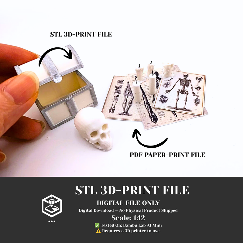 1:12 skeleton, treasure box and candle set STL — miniature wizard accessories for dollhouse fantasy scenes. Instant 3D print download