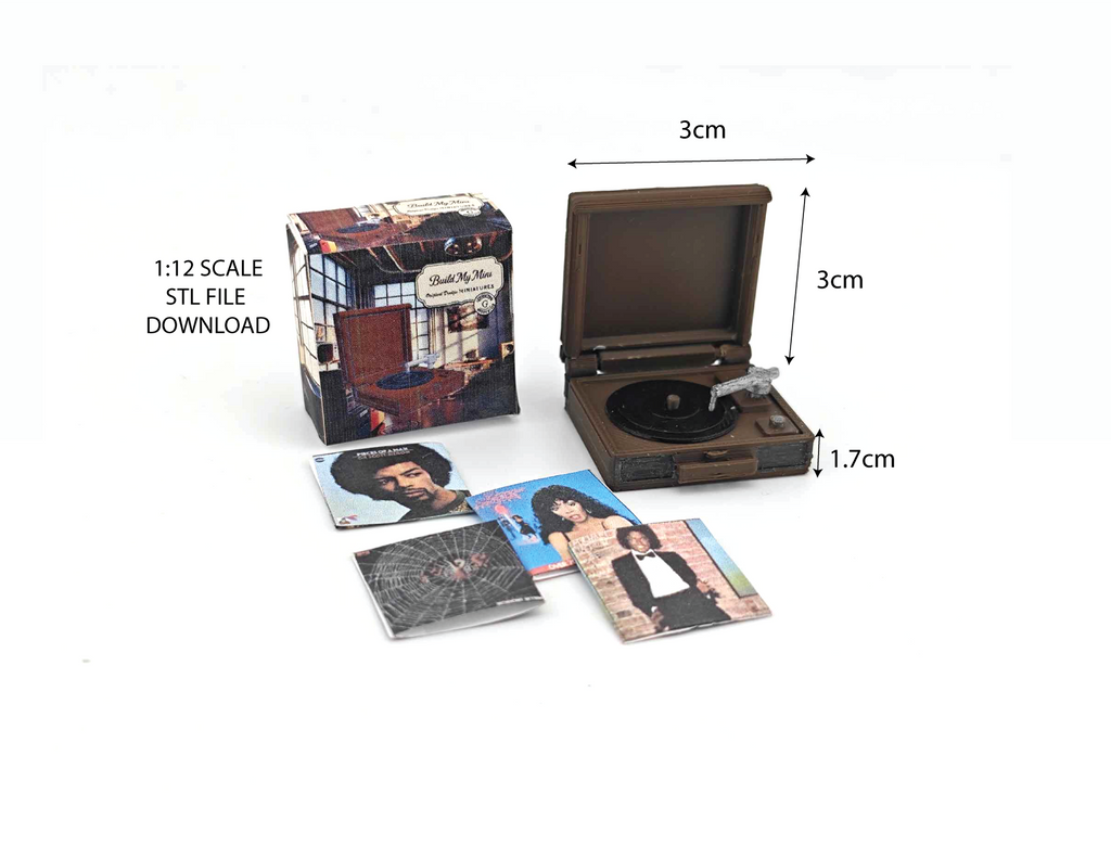 Openable Vintage record player and CD album and cover, 1: 12 dollhouse music room diorama, STL 3D print file.