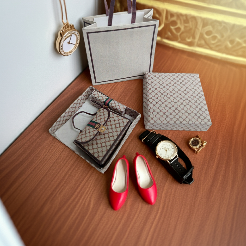 1:6 Luxury brands  brown bags, purse and boxes for dollhouse and department store, 4 items, luxury house decorations,  yearly ornament