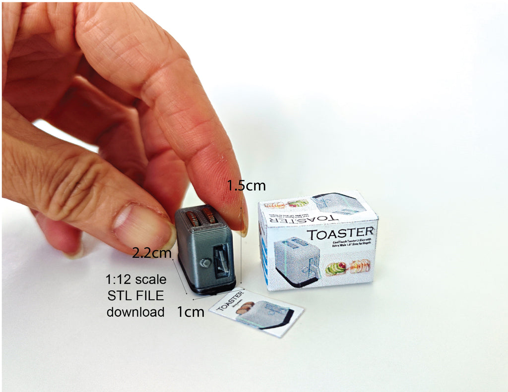 A 3D-printable STL file of a 1:12 scale miniature toaster, featuring detailed slots and buttons for a realistic dollhouse kitchen appliance
