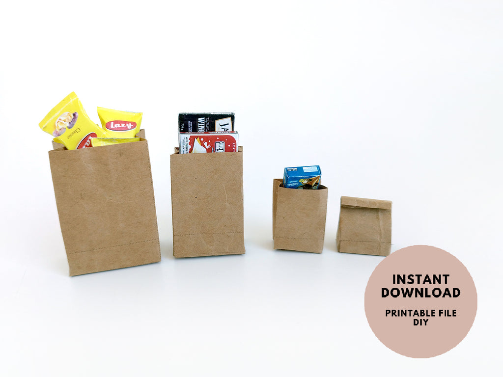 A set of 1:6 and 1:12 scale printable brown paper shopping bags in three sizes, designed for dollhouse supermarkets or dioramas, featuring craft paper or color print options for detailed, miniature shopping scenes.