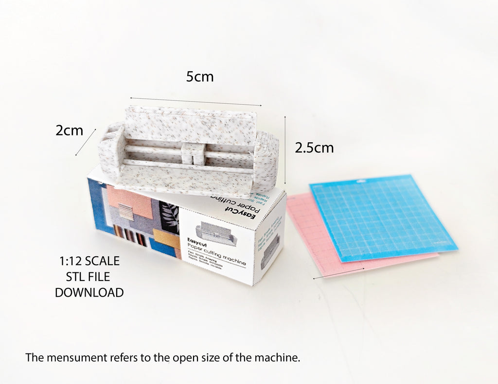 3D-rendered model of a 1:12 scale paper cutting machine with openable and movable parts, designed for 3D printing in STL format."

