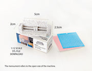 3D-rendered model of a 1:12 scale paper cutting machine with openable and movable parts, designed for 3D printing in STL format."


