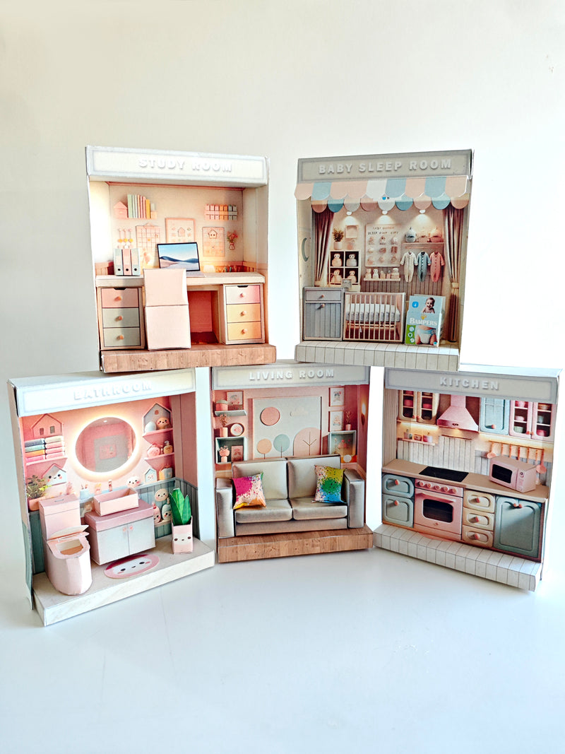 Five pastel paper room boxes: study room, baby sleep room, bathroom, living room and kitchen