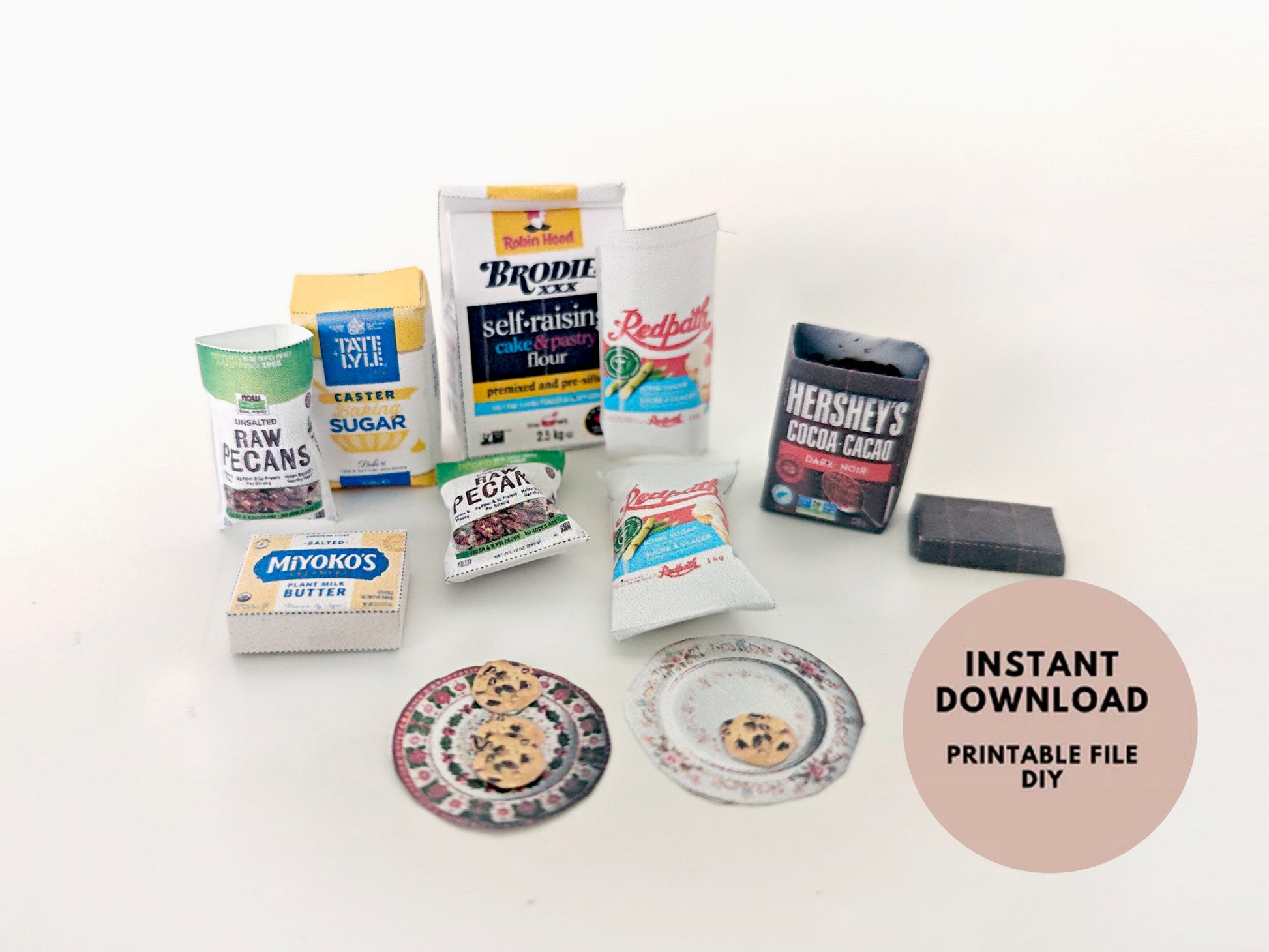 1:6 scale printable vegan pecan Christmas cookie baking set with 10 miniature pieces for dollhouse holiday scenes