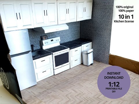 1:12 Kitchen scenes 10 in 1, Sink, refrigerator, stove, Printable Dollhouse furniture, DIY dollhouse, recycle