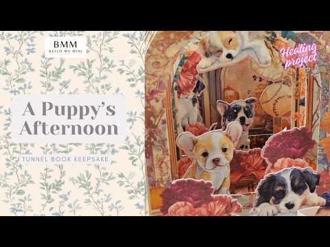 A Puppy's Afternoon Tunnel Book Card PDF, DIY 3D Vintage Dog Shadow Box, Printable Arch Greeting Card, Floral Puppy Gift, Digital Download