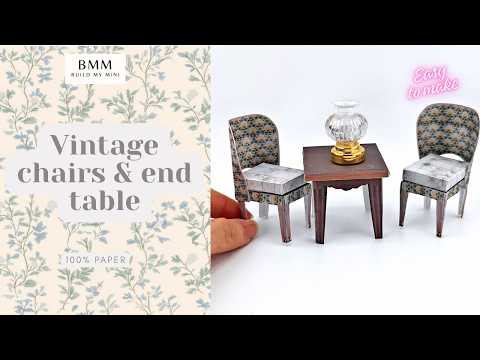 1:12 Vintage Paper chairs and end table — Green Pattern (Printable, No Wood)