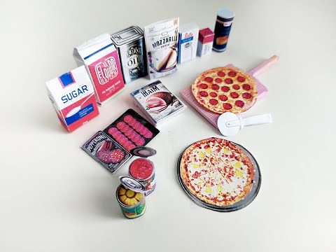 1:6 scale printable miniature pizza set with 16 pieces including pizzas, pizza boxes, and accessories for dollhouse supermarket or pizza shop