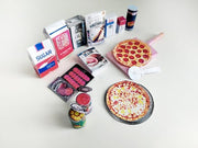1:6 scale printable miniature pizza set with 16 pieces including pizzas, pizza boxes, and accessories for dollhouse supermarket or pizza shop