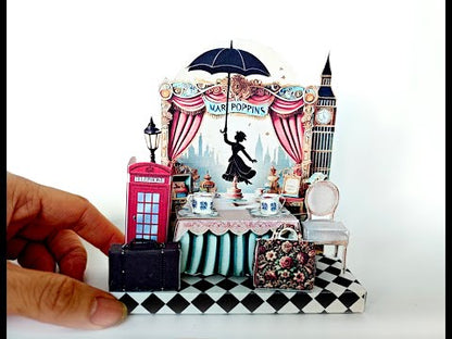 - Pick Scene Mary Poppins England Style stand - creative background, miniature kit, cute tea cup, leather bags, phone stand