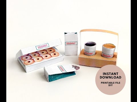 Printable dollhouse fast food set with doughnuts, coffee, and tray, DIY miniature template for dolls.