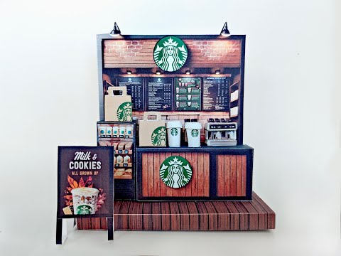 Starbucks coffee shop-  DIY miniature stand craft kit, coffee cup, coffee machine, paper bags, 3 inches doll scenery