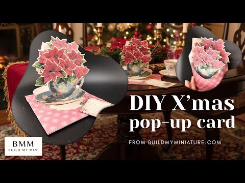 Poinsettia flower and tea cup pop up gift card for Christmas card , digital download, stand on table, xmas decoration