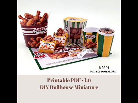 1:6 scale 10 piece Deep Fried Chicken Bucket night meal set Printable Dollhouse Fast Food for doll - yellow and green