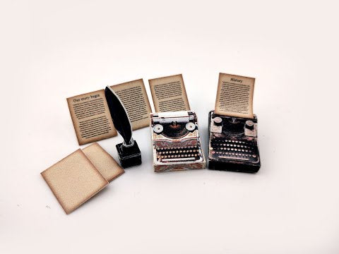 1:12 Vintage 1935 Typewriter Miniature — Black & Gold Dollhouse Desk Accessory with Feather Ink and Old Papers