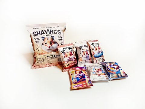 A digital preview of a printable 1:6 scale miniature template kit for dollhouse hamster pet accessories. The kit showcases 7 styles, including colorful hamster food bags, snack packets, wooden chip piles, and cozy pet bedding, arranged for a charming dollhouse pet scene.

