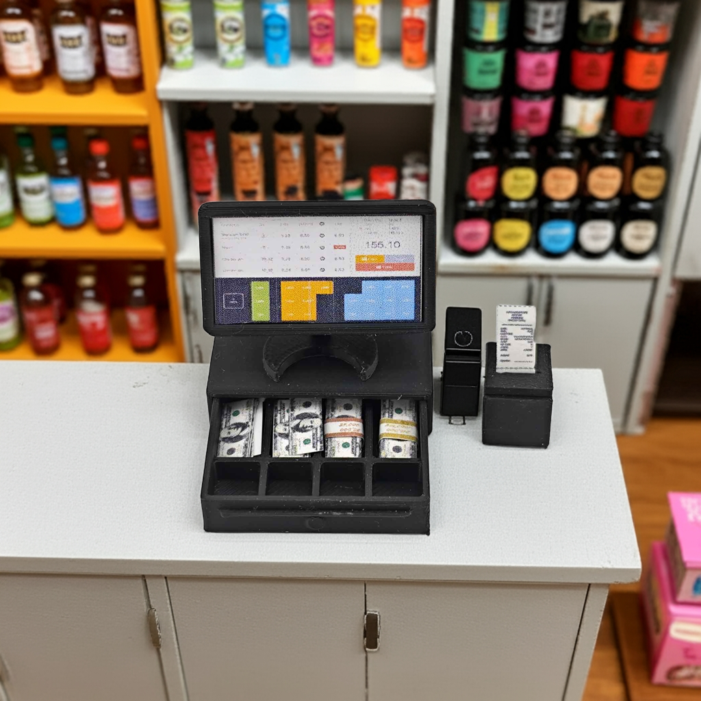 1:12 POS Cashier machine, all in one Cash register, money, receipt, POS two screen