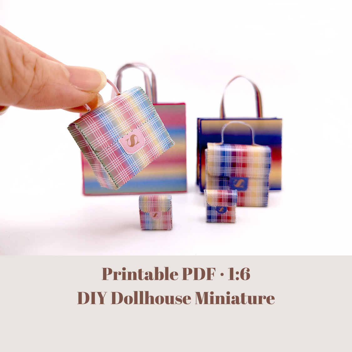 1:6 Rainbow color bags, purse and boxes for dollhouse and department store, 4 items, luxury house decorations, yearly ornament