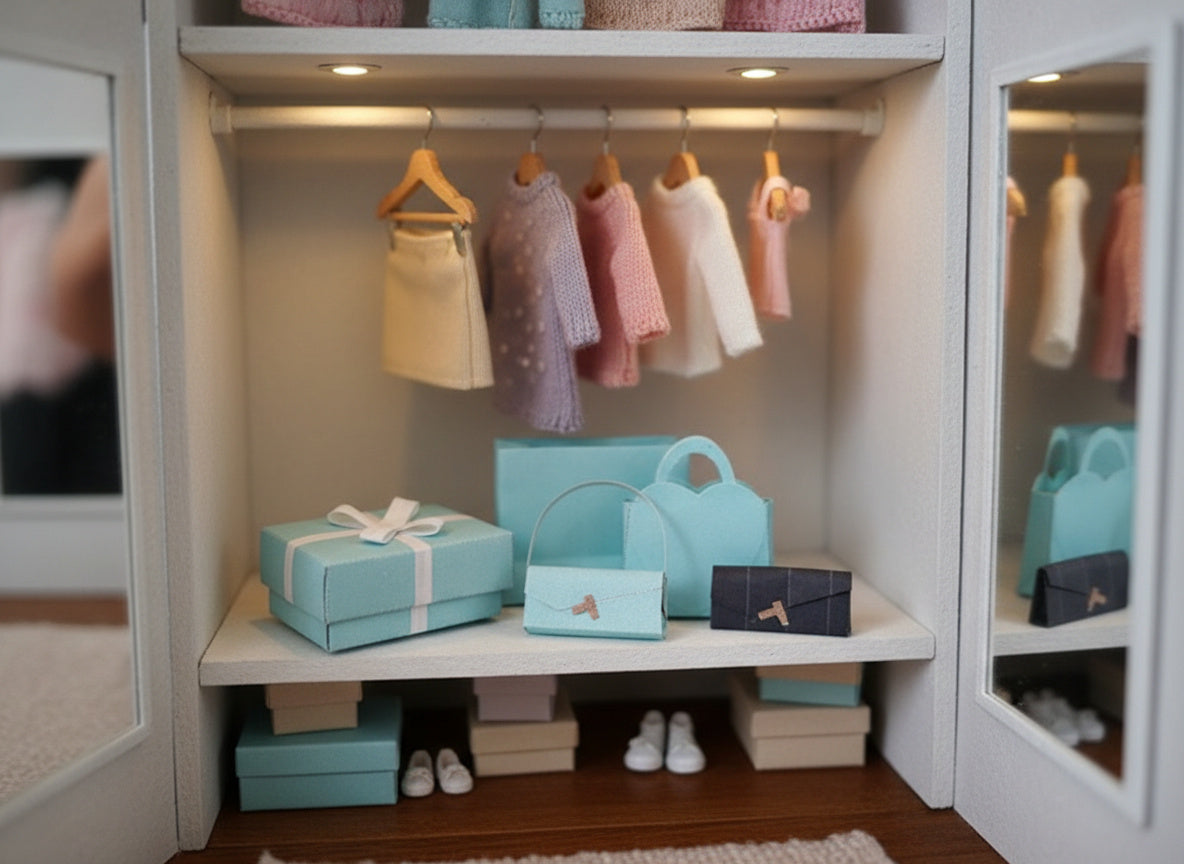 1:6 Sea Blue Purse and gift boxes, for dollhouse and department store, 5 items, Black and sea blue, yearly ornament