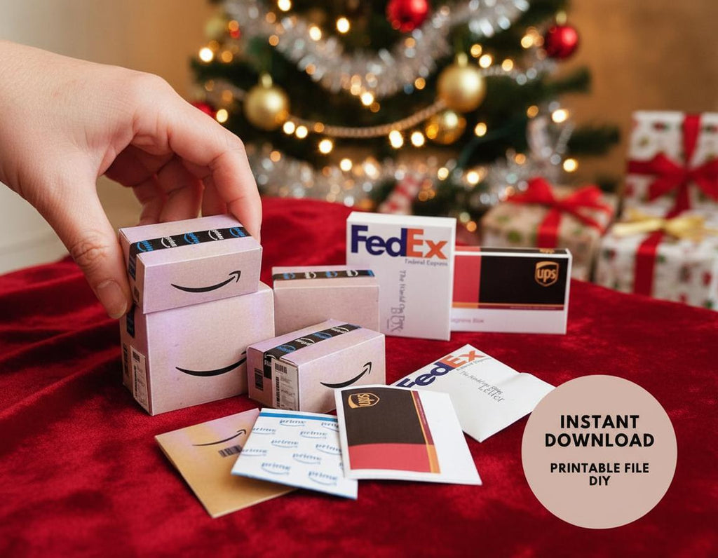 Miniature Delivery Box & Envelope Set — Amazon, UPS, FedEx Packages for Dollhouse 1:6 and 12 Scale, Gift or Ornament