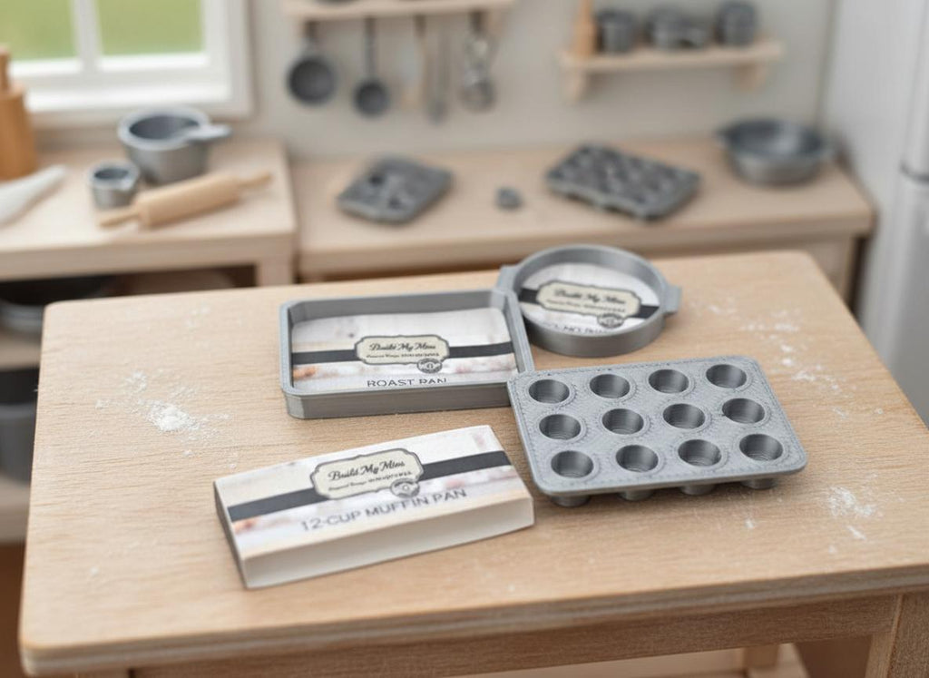 1:12 Miniature Baking Pans — STL File with Muffin, Roast, and Round Pans for Dollhouse Kitchen Scenes