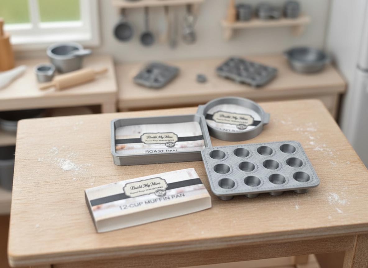 1:12 Miniature Baking Pans — STL File with Muffin, Roast, and Round Pans for Dollhouse Kitchen Scenes
