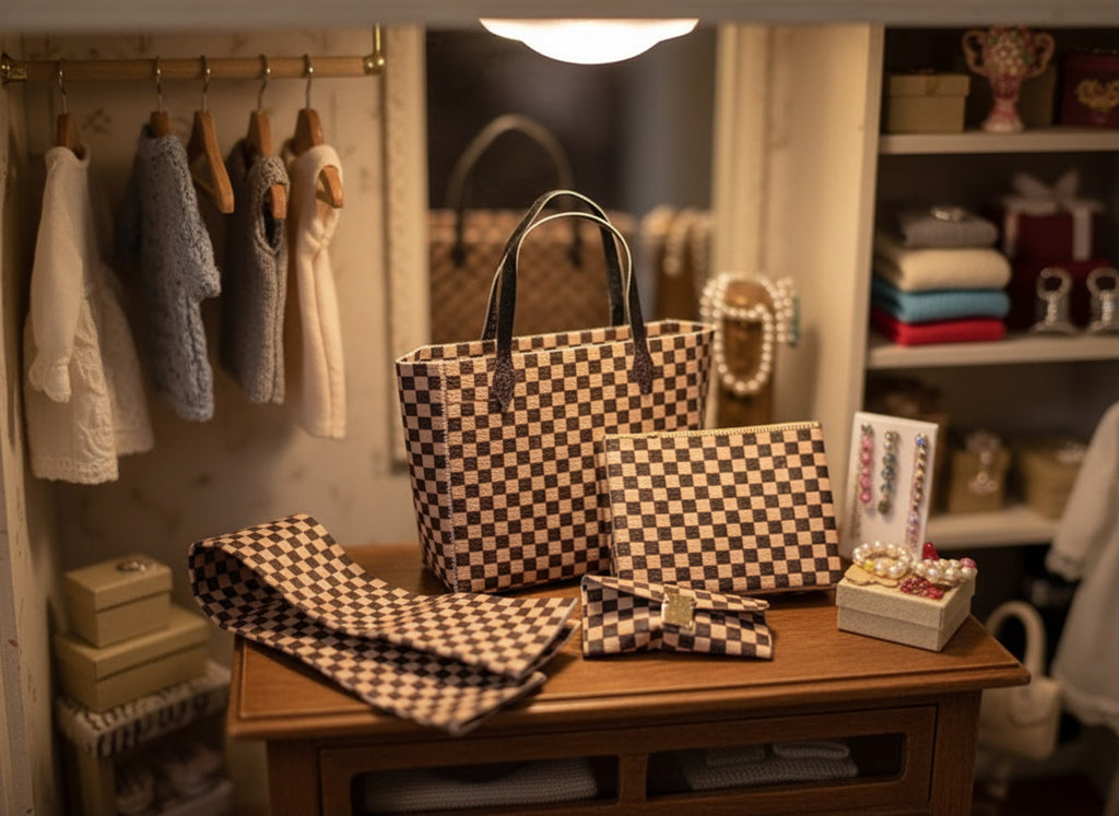 1:6 Luxury brown checker board pattern tote, purse and scarf for dollhouse and department store, 4 styles, luxury house decorations