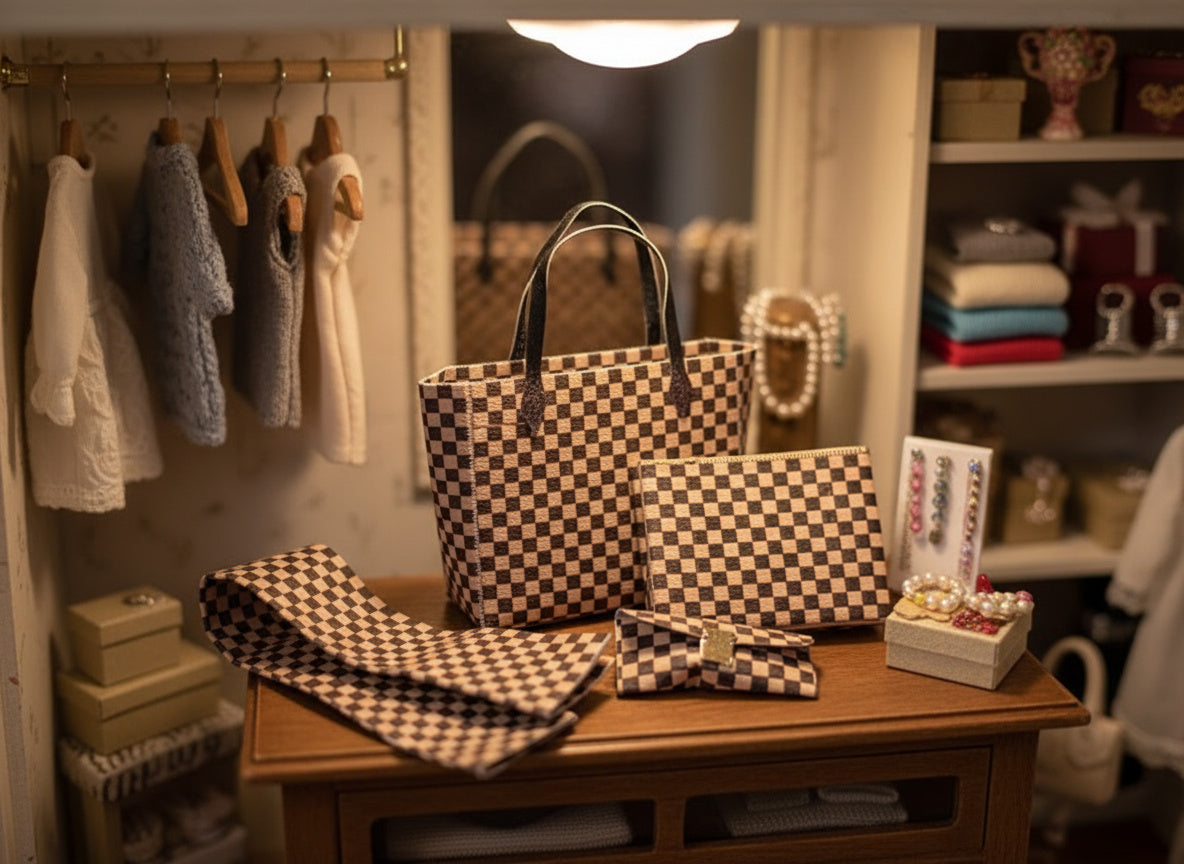 1:6 Luxury brown checker board pattern tote, purse and scarf for dollhouse and department store, 4 styles, luxury house decorations