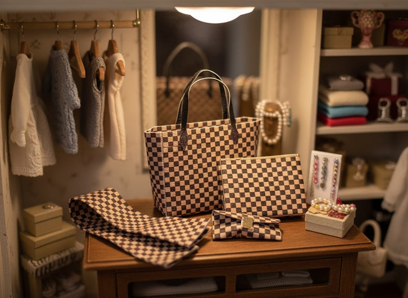 1:6 Luxury brown checker board pattern tote, purse and scarf for dollhouse and department store, 4 styles, luxury house decorations