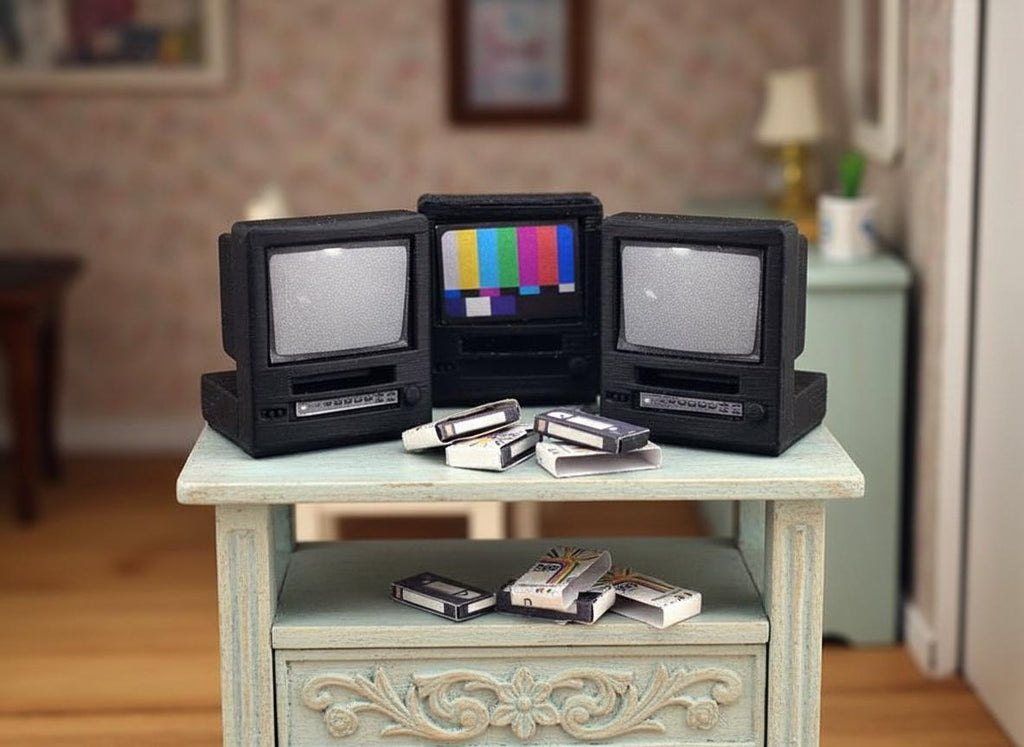 Vintage TV and VHS player 1:12 STL file for dollhouse, included printable sticker, instant download, Bambu lab a1 mini tested