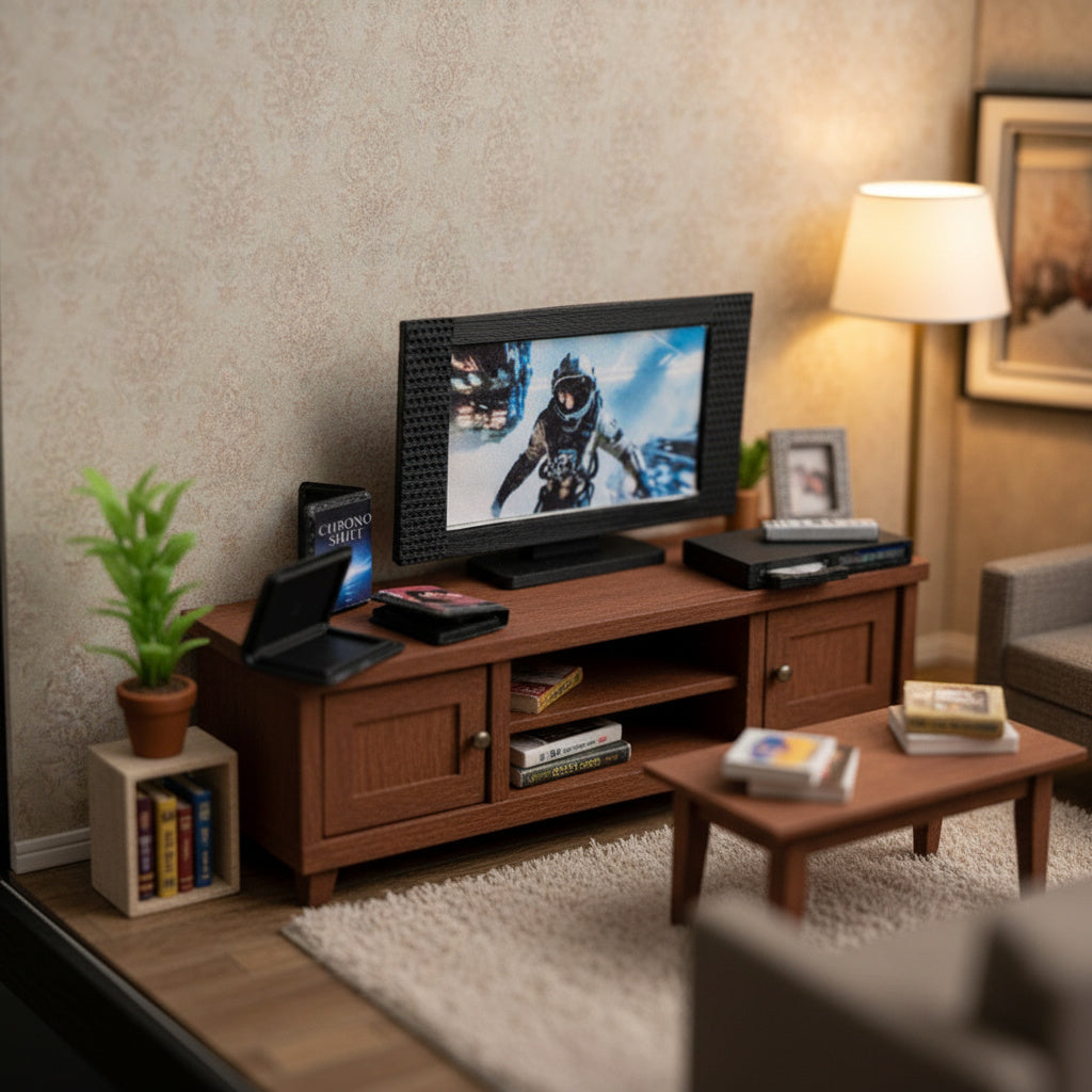 DVD player and television with 3 cd covers STL file for 1:12 dollhouse and shop, classic TV home appliance for living room scene