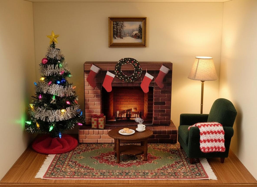 Christmas Fireplace Miniature Kit – 1:12 Scale Dollhouse Living Room Diorama (Digital Download)