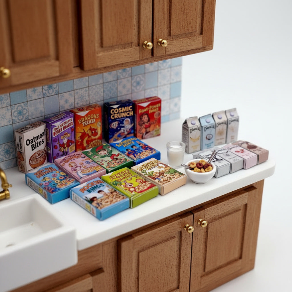 12 Cereral Boxes and 8 Milk boxes for 1:12 dollhouse, mini food items for kitchen diaorma (PDF Printable template)