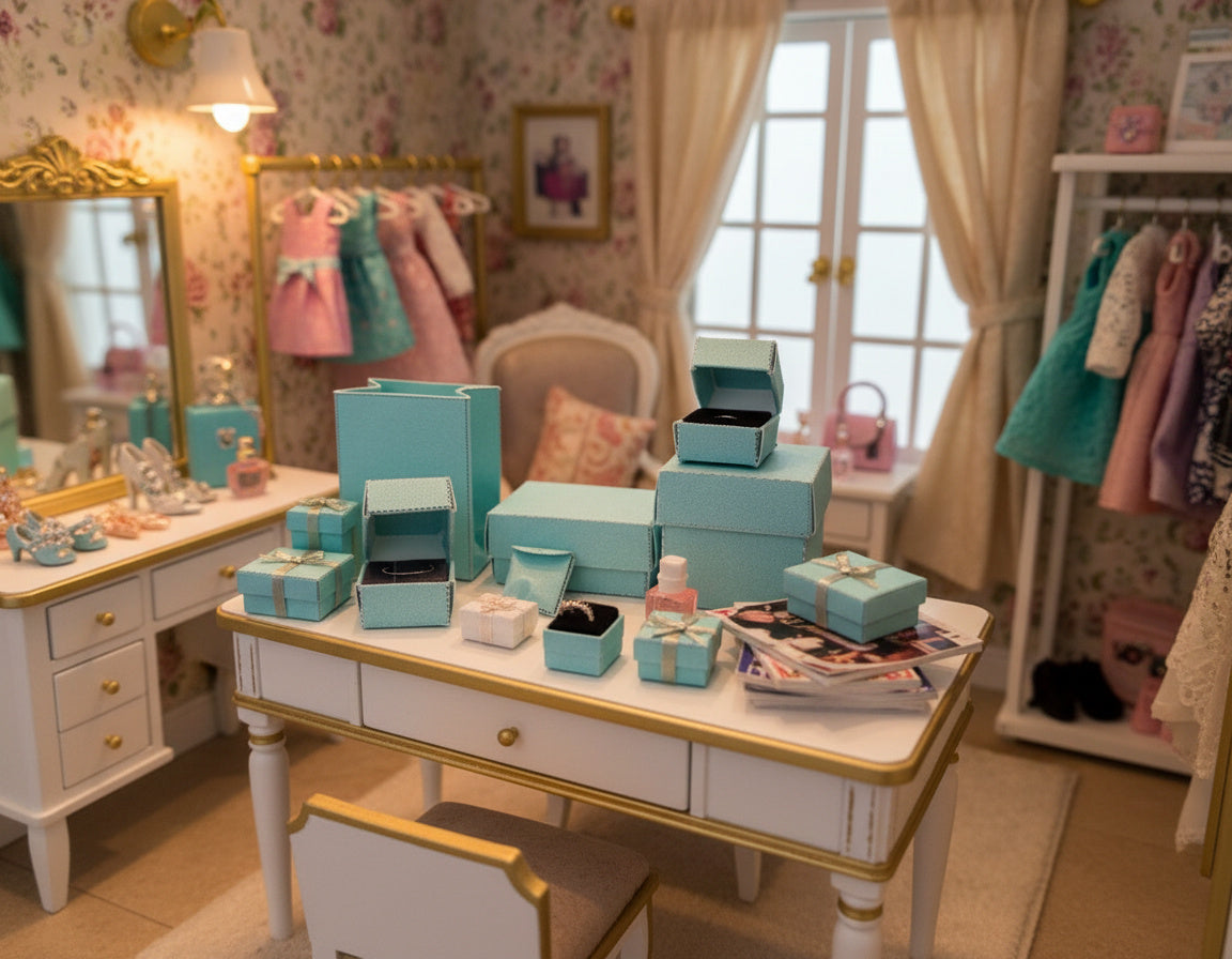 1:6 Sea Blue jewelry boxes and bags, for dollhouse and department store, 6 items, necklace, ring, engage, marry, yearly ornament