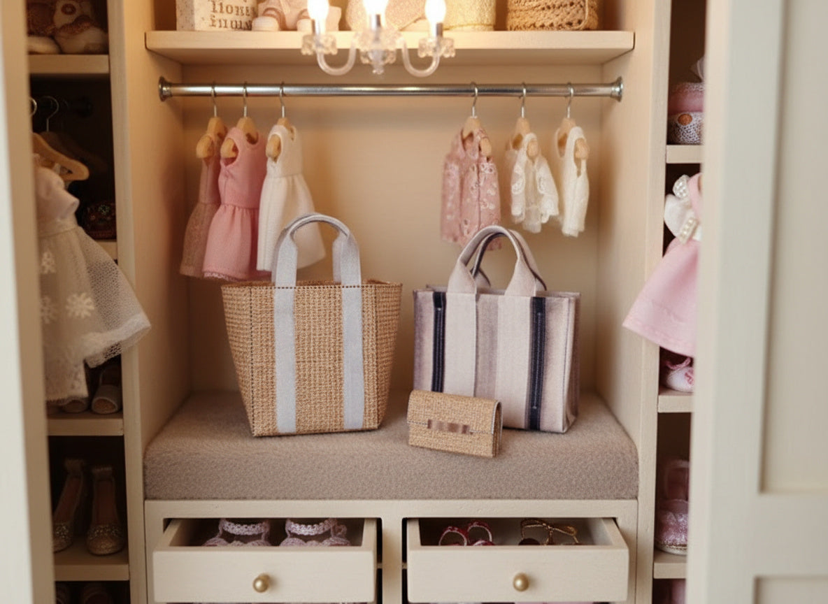 1:6 Linen tote shopping bags, grocery bags for dollhouse and department store, 3 items miniatures, diorama, mini bags, mini wallet
