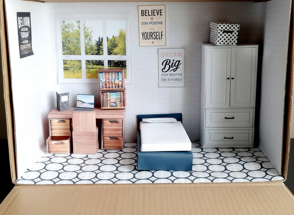 -BMM Shoebox Miniature- 1:12 / 4 inch doll, Bedroom scenes 10 in 1, Sink, Tub, Toilet, mirror,Printable Dollhouse furniture, DIY, recycle project, diorama