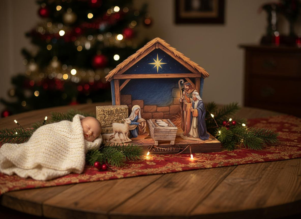 Nativity story - Baby Jesus born in a manger scene, pickscene diorama, Christmas decoration