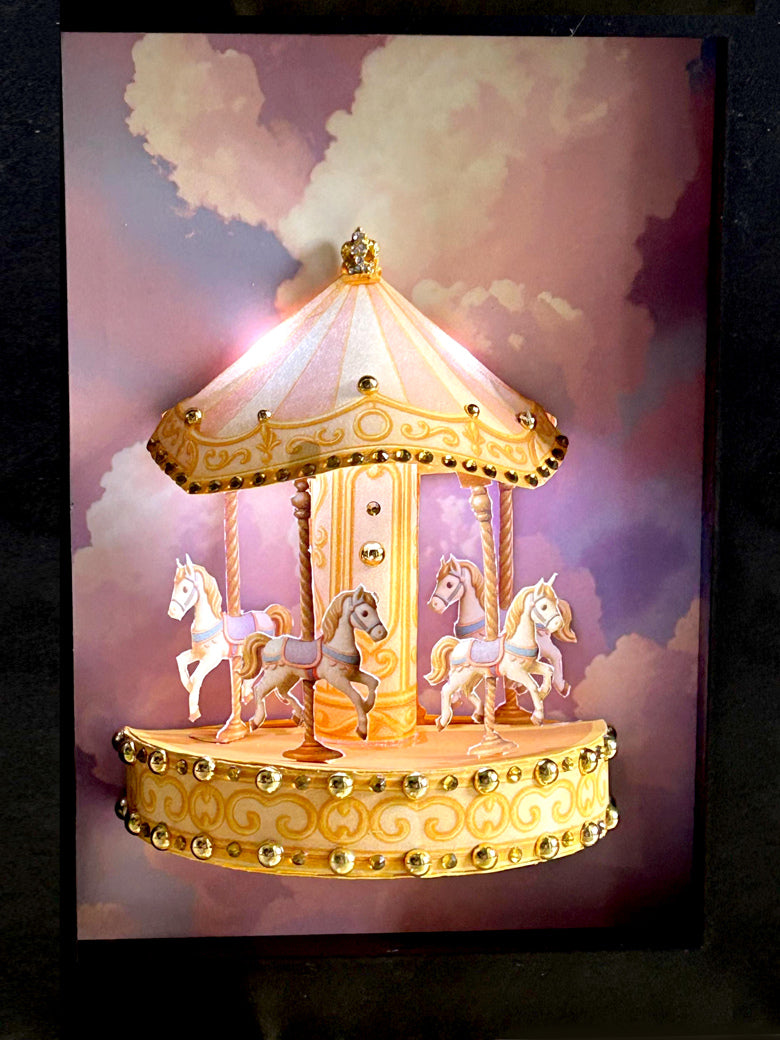 PickScene Golden Fantasy Carousel — Miniature Diorama with Pink & Purple Sky Backdrop