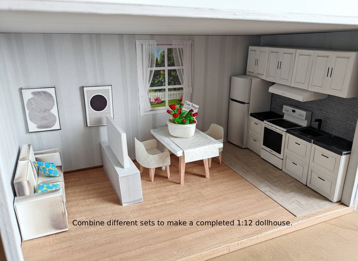 -BMM Shoebox Miniature- 1:12 / 4 inch doll, Bedroom scenes 10 in 1, Sink, Tub, Toilet, mirror,Printable Dollhouse furniture, DIY, recycle project, diorama