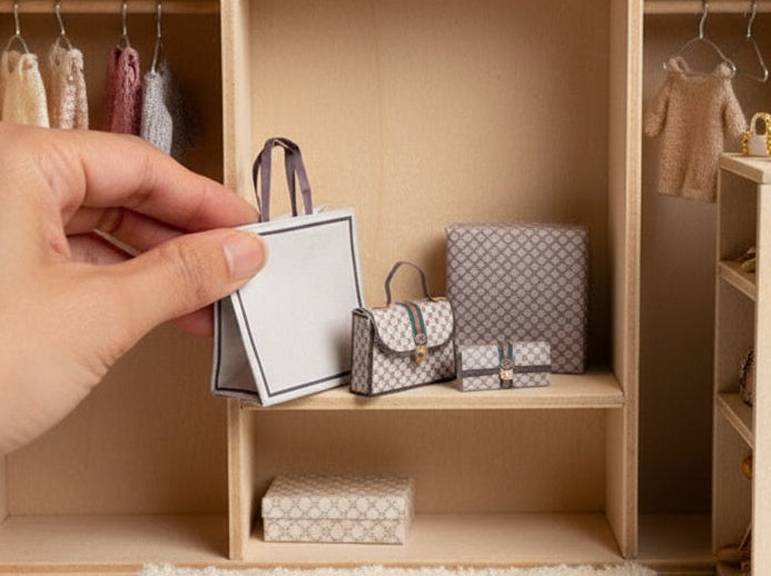 1:6 Luxury brands  brown bags, purse and boxes for dollhouse and department store, 4 items, luxury house decorations,  yearly ornament