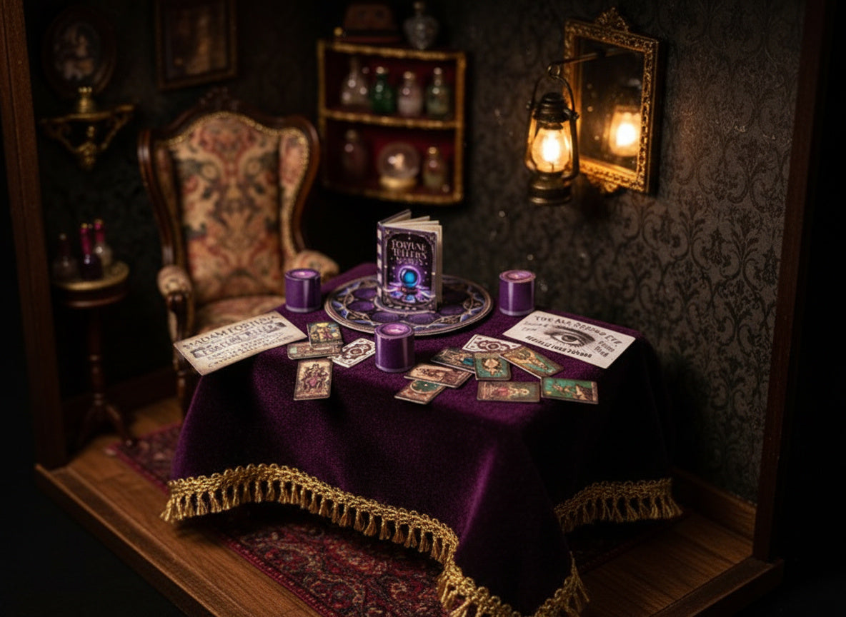 1:6 Fortune Teller Miniature Set — Purple Magic Book, Tarot Cards, Candles, Signs & Wizard Tools